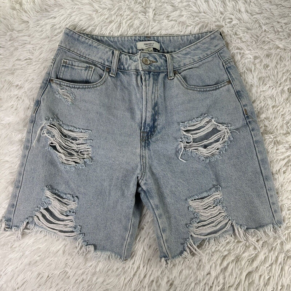 FOREVER 21 Womens SIZE 28 Cut Off Shorts Light Blue Denim‎ Distressed Rips